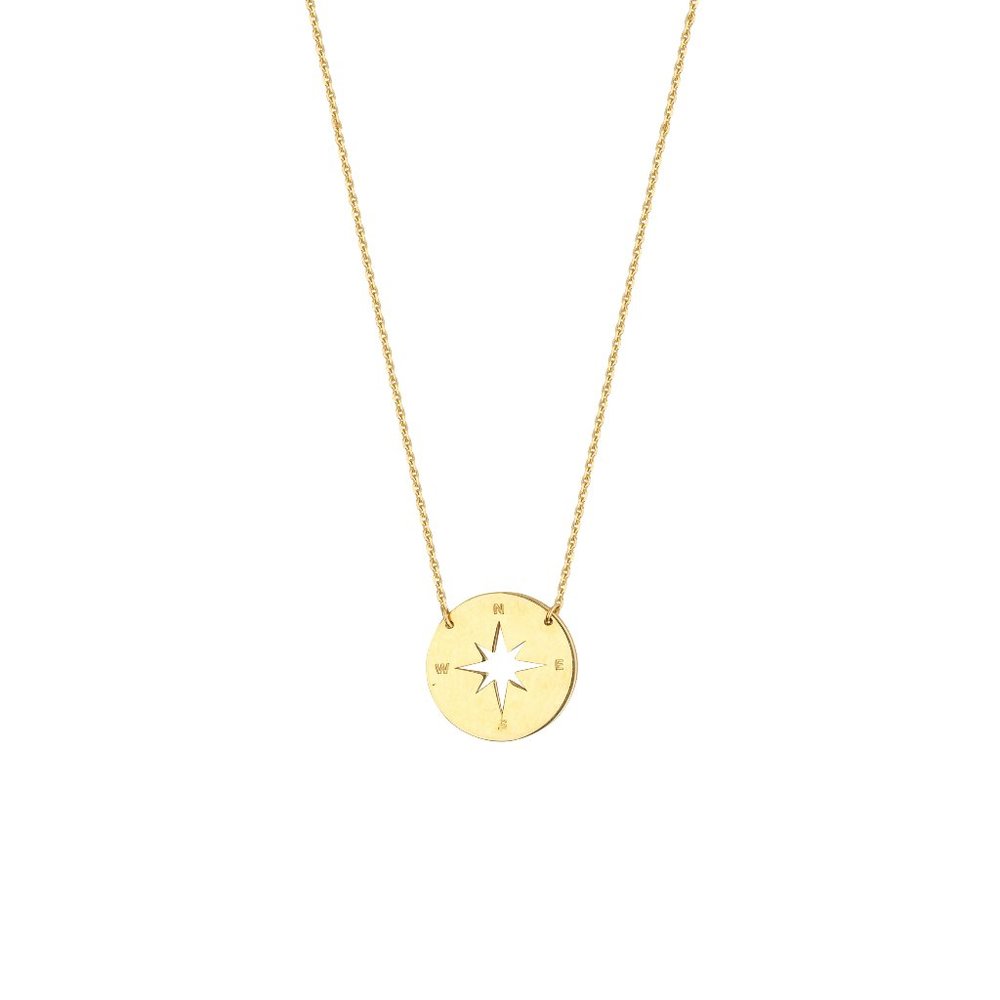 14K Solid Gold Mini Disk Disc Compass Necklace